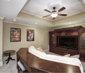 Home movie room with light brown walls white baseboards light wood carpet large dark brown entertainment center tray ceiling dark ceiling fan