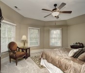 Bedroom with white carpets white baseboards tray ceiling dark wood ceiling fan windows on walls
