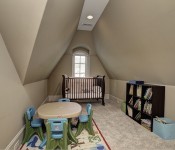Small narrow bedroom with vaulted ceiling light brown walls brown carpet wood crib with window above it child's table and chairs