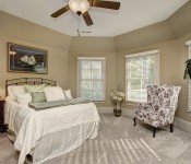 Bedroom with white carpets white baseboards tray ceiling dark wood ceiling fan windows on walls