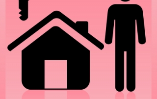 Pink square with black home key and person icon