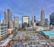 Aerial shot of uptown Charlotte skyline skyscrapers and parking lots