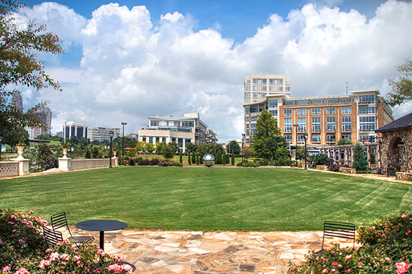 Park in uptown Charlotte with green lawn with buildings in the background