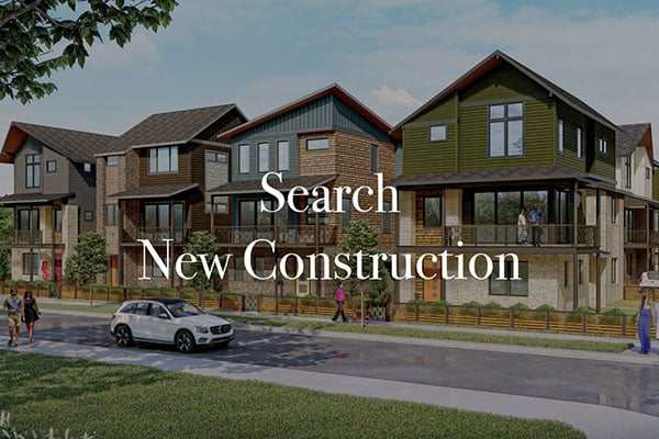 Rendering of three story homes mix of brick siding and stone with second story balconies and the text Search New Construction typed over in white font