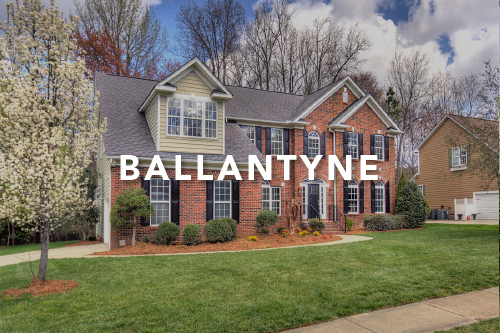 Ballantyne Brown brick two story home with black shutters and black front door with the word Ballantyne typed over the image