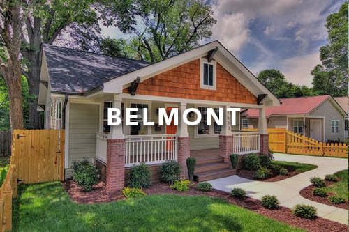 Home with green siding brown shingles orange front door with the word Belmont typed over the image