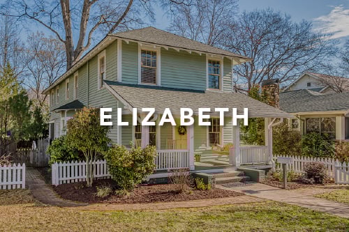 Home with green siding yellow door white picket fence and the word Elizabeth typed over the image in white font