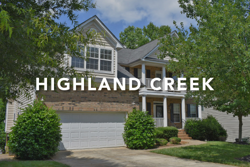 Two story brick home with double patio and two car garage and the words Highland Creek typed over the image in white font