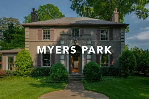 Brown stucco home with brown shutters and light wood front door ad circular pathway with the words Meyers Park typed over the image in white font