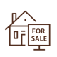 Brown outline of a house with a brown outline of a for sale sign in front
