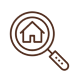 Brown outline of a magnifying glass with a home in the middle