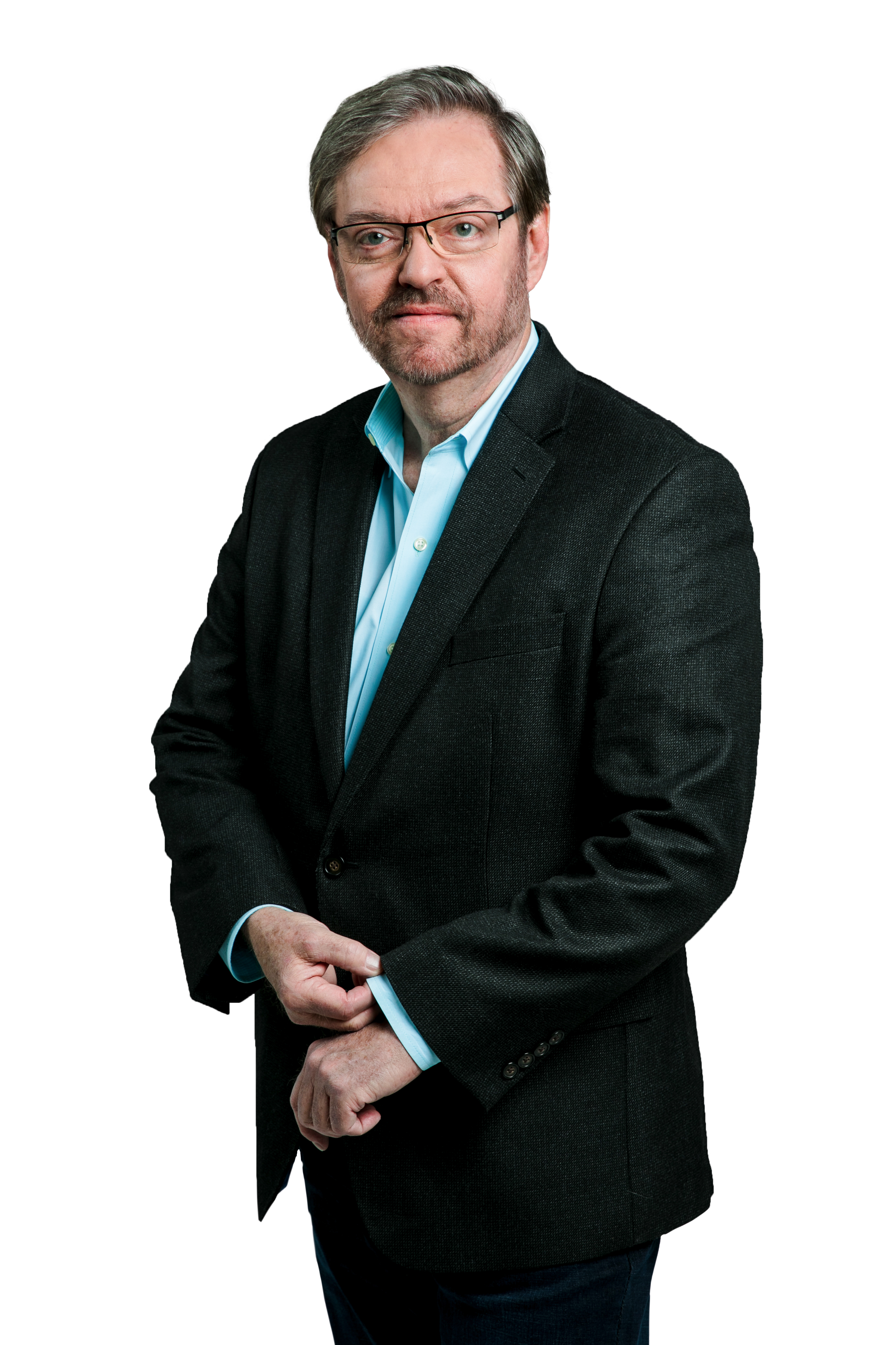 Charles Major_New_Full_v2 Full length Charles Major wearing a black suit blue button down shirt and glasses