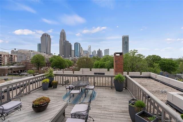 Rooftop deck with outdoor tables and chairs overlooking uptown Charlotte skyline